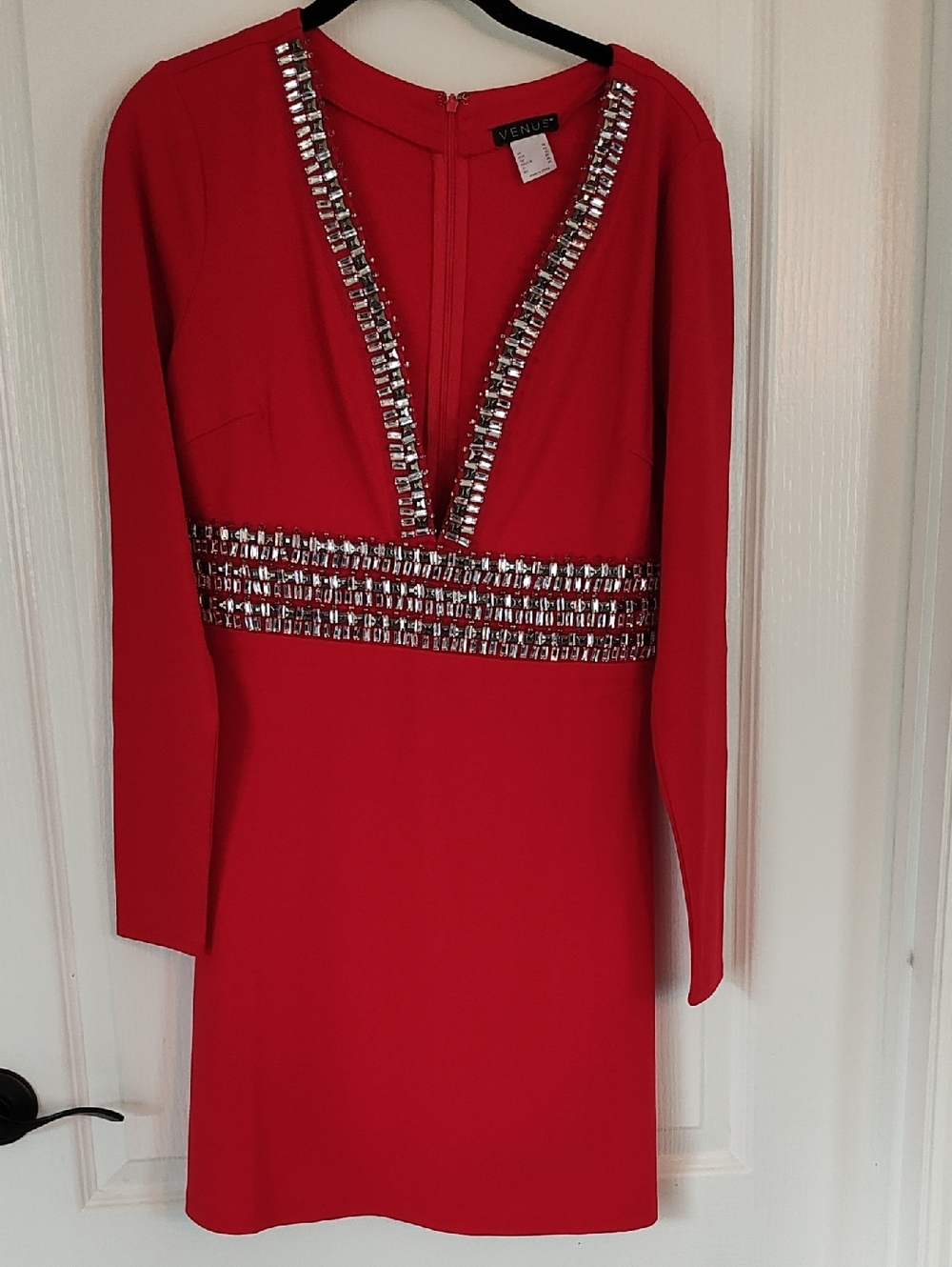 VENUS Red Long Sleeve V-Neck Dress with Silver Embellishment